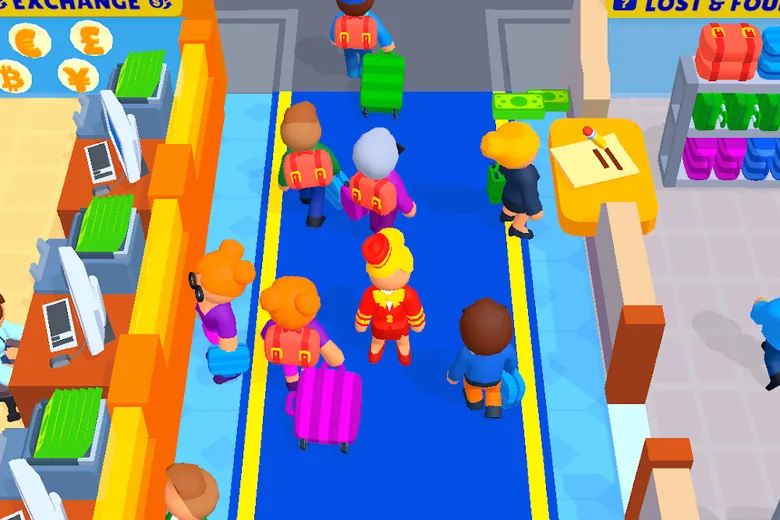 Airport Idle — passengers queueing at check-in and baggage belts