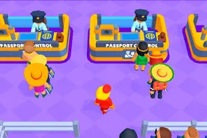 Airport Idle — passport control desks with staff and travellers