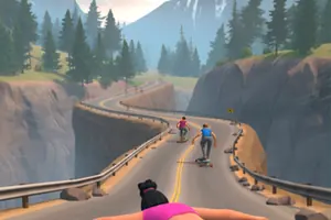 Downhill Skate Race — forest pass with traffic ahead of the skater